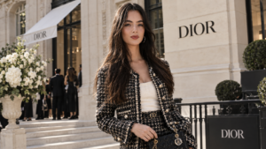 Deva Cassel in Paris with Dior wearing black and white tweed jacket and skirt outside Dior boutique in Paris