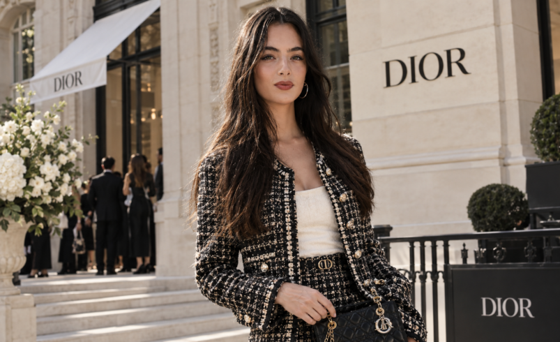 Deva Cassel in Paris with Dior wearing black and white tweed jacket and skirt outside Dior boutique in Paris
