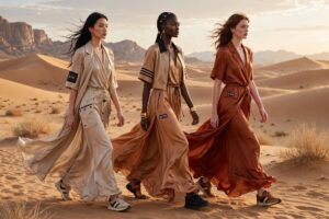 Giorgio Armani Kith Morocco desert show - models in Armani silk dresses walking in Sahara