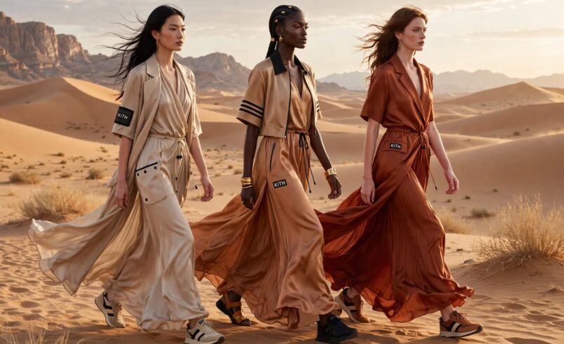Giorgio Armani Kith Morocco desert show - models in Armani silk dresses walking in Sahara